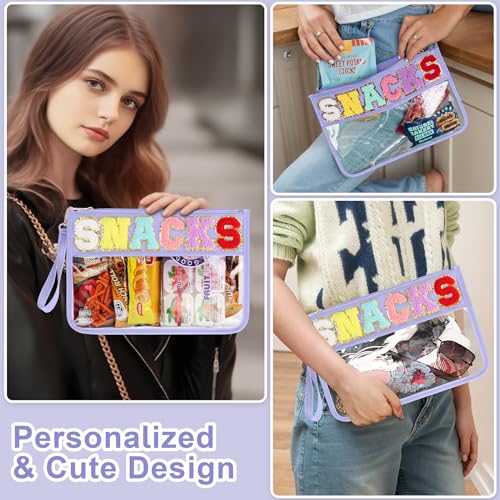 TESAFNG Snack Bag for Travel - Clear Chenille Varsity Letter Flat Pouch with Zipper, Waterproof Clear PVC&PU Preppy Patch Makeup Cosmetic tote Bags for Women Girls (Purple-Snacks) - Image 4