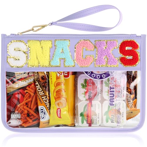 TESAFNG Snack Bag for Travel - Clear Chenille Varsity Letter Flat Pouch with Zipper, Waterproof Clear PVC&PU Preppy Patch Makeup Cosmetic tote Bags for Women Girls (Purple-Snacks) - Image 1