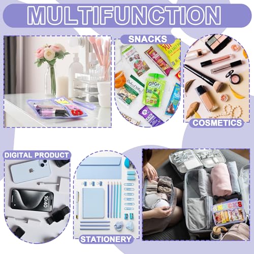 TESAFNG Snack Bag for Travel - Clear Chenille Varsity Letter Flat Pouch with Zipper, Waterproof Clear PVC&PU Preppy Patch Makeup Cosmetic tote Bags for Women Girls (Purple-Snacks) - Image 5