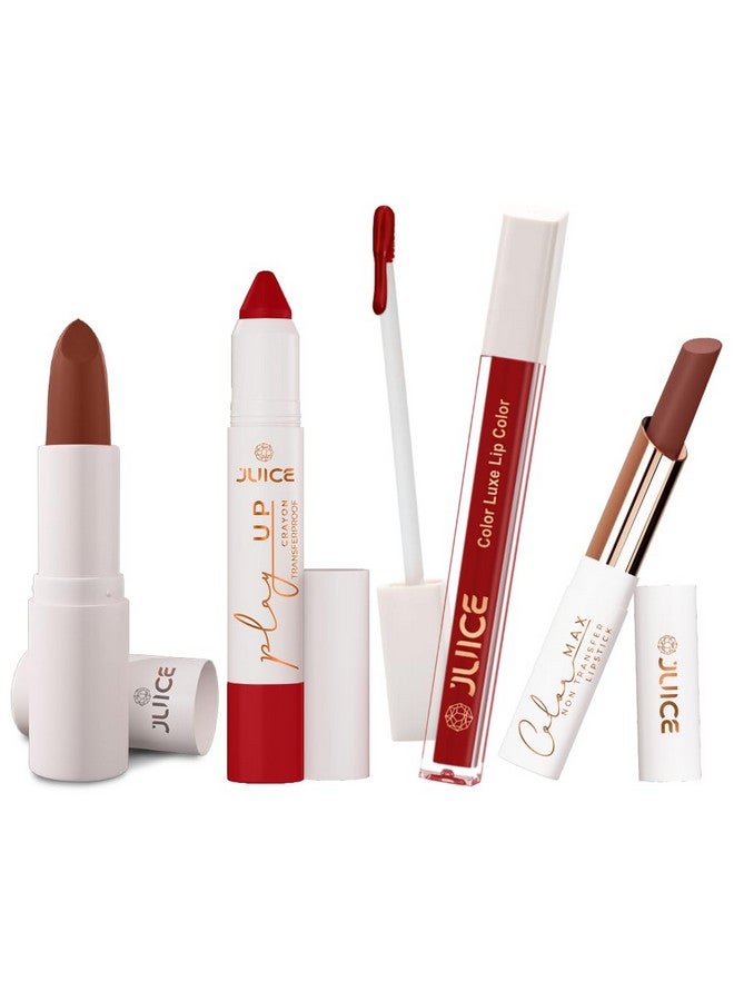 Juice Long Lasting, 4pc Lipstick Combo Set For Women(Light Brown-M23 Bullet Lipstick, Red Flag-MCR11 Play up Lip Crayon, Red Hotness-M09 Liquid Lipstick, Cocoa Kiss-M02 Slim Stick) - Image 1