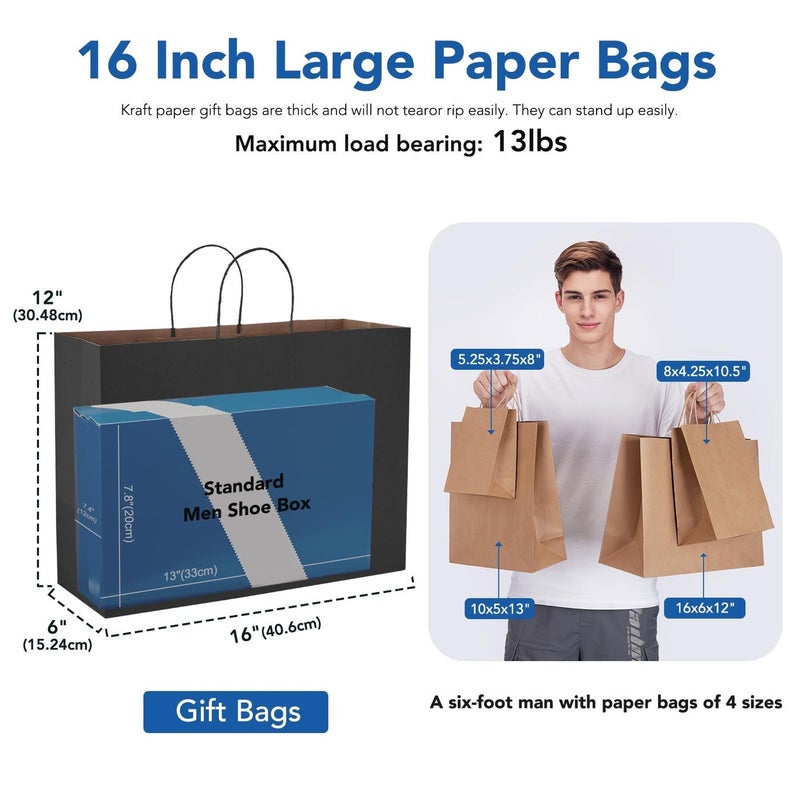 GSSUSA Gift Bags large with Handles 16x6x12 Black 50Pcs, Kraft Paper Bags Bulk for Small Business, Paper Shopping, Grocery, Shopping bag for Boutique, Merchandise - Image 2