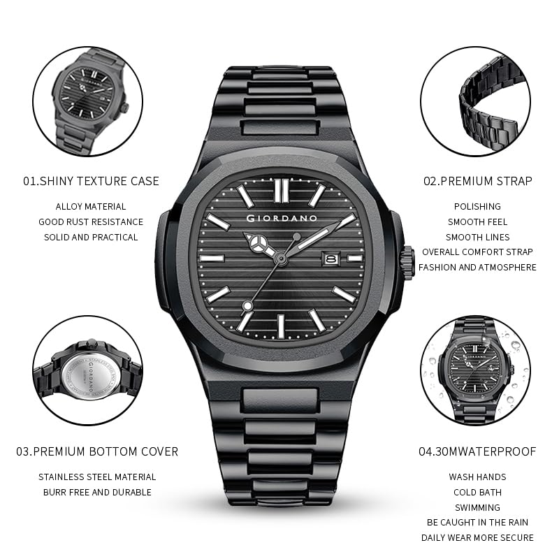Giordano Analog Watch for Men – Textured Dial, Stainless Steel Strap, Date Display, Quartz Movement, Water Resistant - Image 5