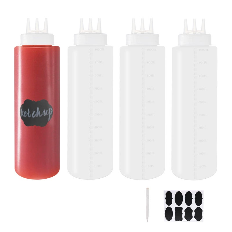 Belinlen 4 Pack 32oz1000ml Plastic Squeeze Bottles 3Hole Squirt Condiment Bottles Tomato Sauce Dispensers for Ketchup BBQ Dressing Paint Workshop Pancake Art Craft with 8 Chalk Labels and 1 Pen