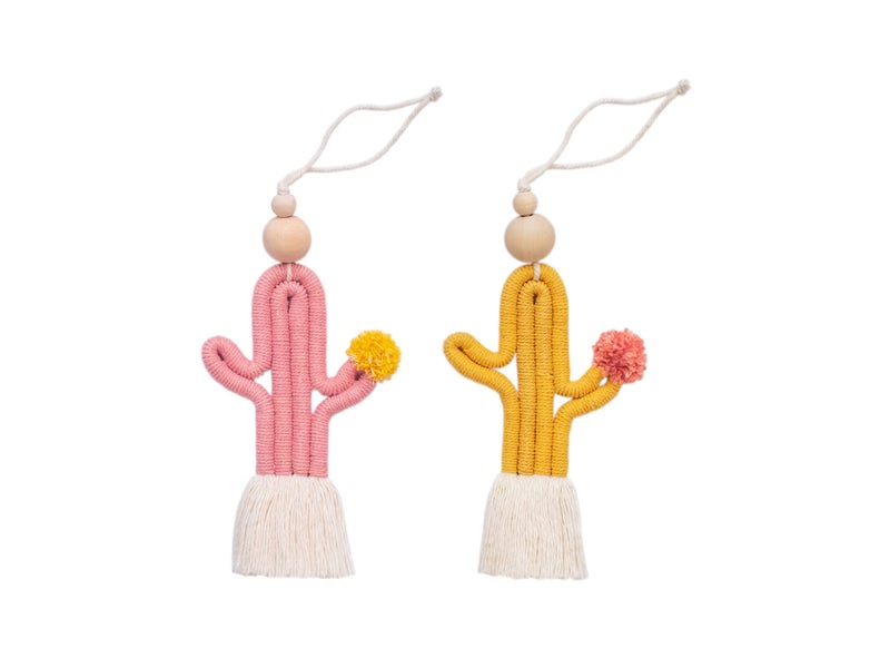 Mila Millie Mila Millie 2 Pack Cactus Macrame Wall Hanging | Handmade Woven Tassel Ornament for Home or Nursery Baby Kids Room Decor | Boho Nordic Scandinavian Style (Mustard Yellow Pink) - Image 1