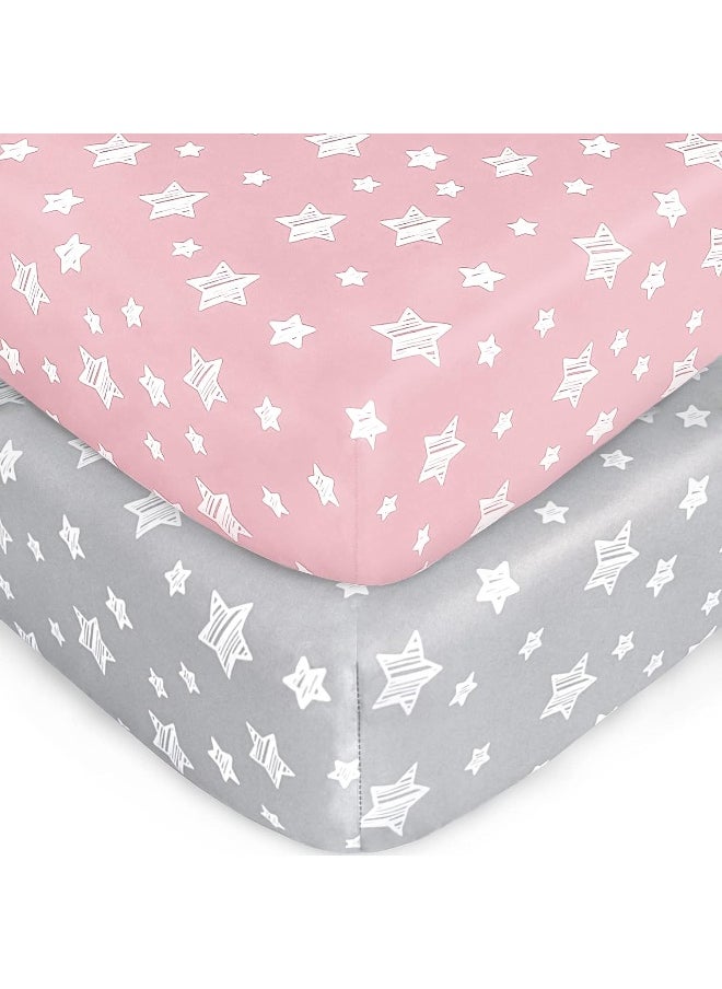 Moonsea Moonsea Crib Sheets for Girls 2 Pack, Fitted Crib Sheet for Standard Size Crib and Toddler Mattresses, Soft and Breathable Material, Grey & Pink  - Image 1