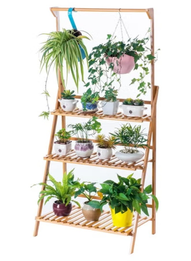 Beauenty Bamboo 3-Tier Hanging Plant Stand Planter Shelves Flower Pot Organizer Rack Folding Display Shelving Plants Shelf Unit Holder - Image 1