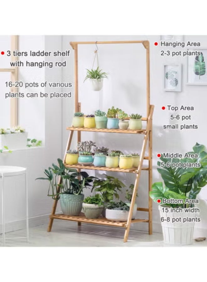 Beauenty Bamboo 3-Tier Hanging Plant Stand Planter Shelves Flower Pot Organizer Rack Folding Display Shelving Plants Shelf Unit Holder - Image 2
