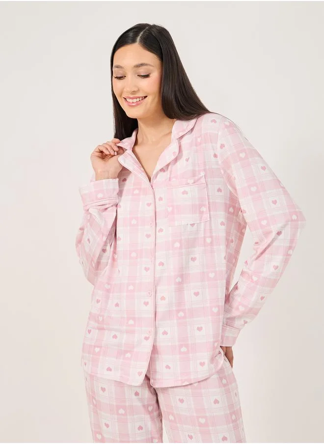 ستايلي Heart Checked Button Placket Shirt and Pyjama Set