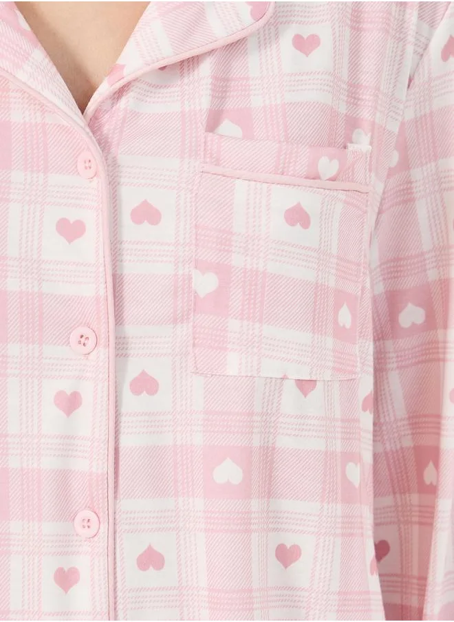 Styli Heart Checked Button Placket Shirt and Pyjama Set