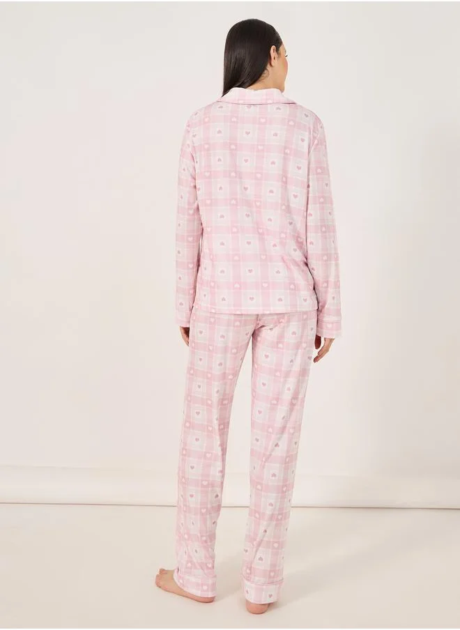 Styli Heart Checked Button Placket Shirt and Pyjama Set