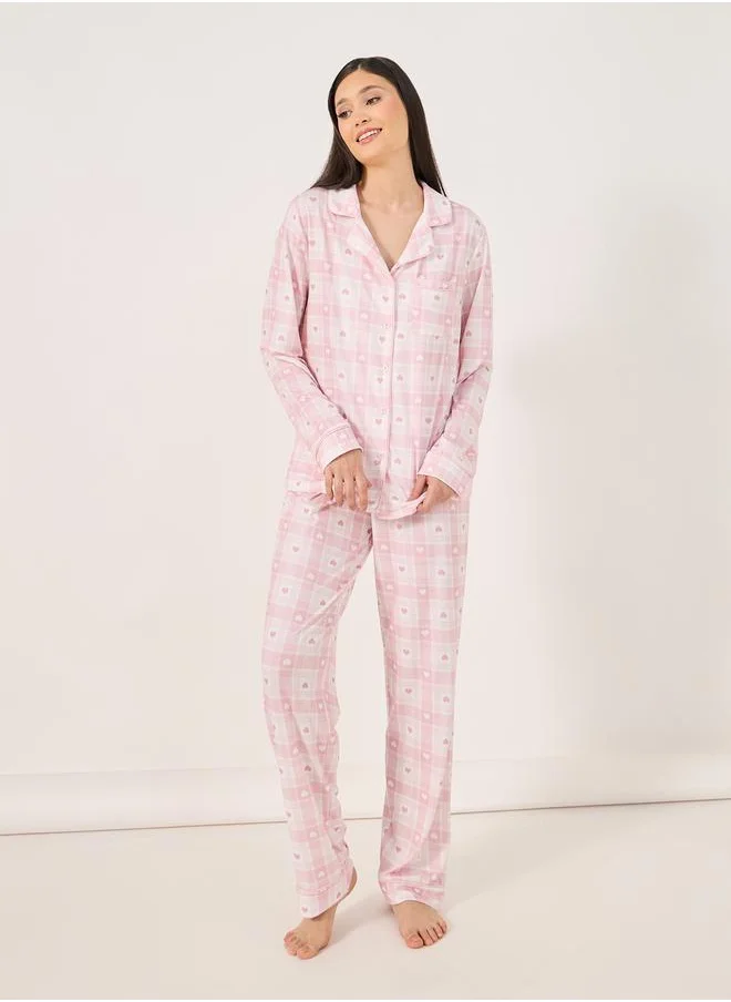 Styli Heart Checked Button Placket Shirt and Pyjama Set