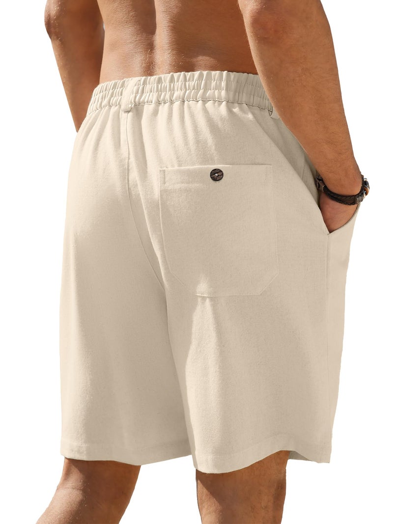 PLEPAN Mens Casual Linen Shorts - 7 inch Summer Beach Elastic Waist Drawstring Short Beige Medium - Image 2