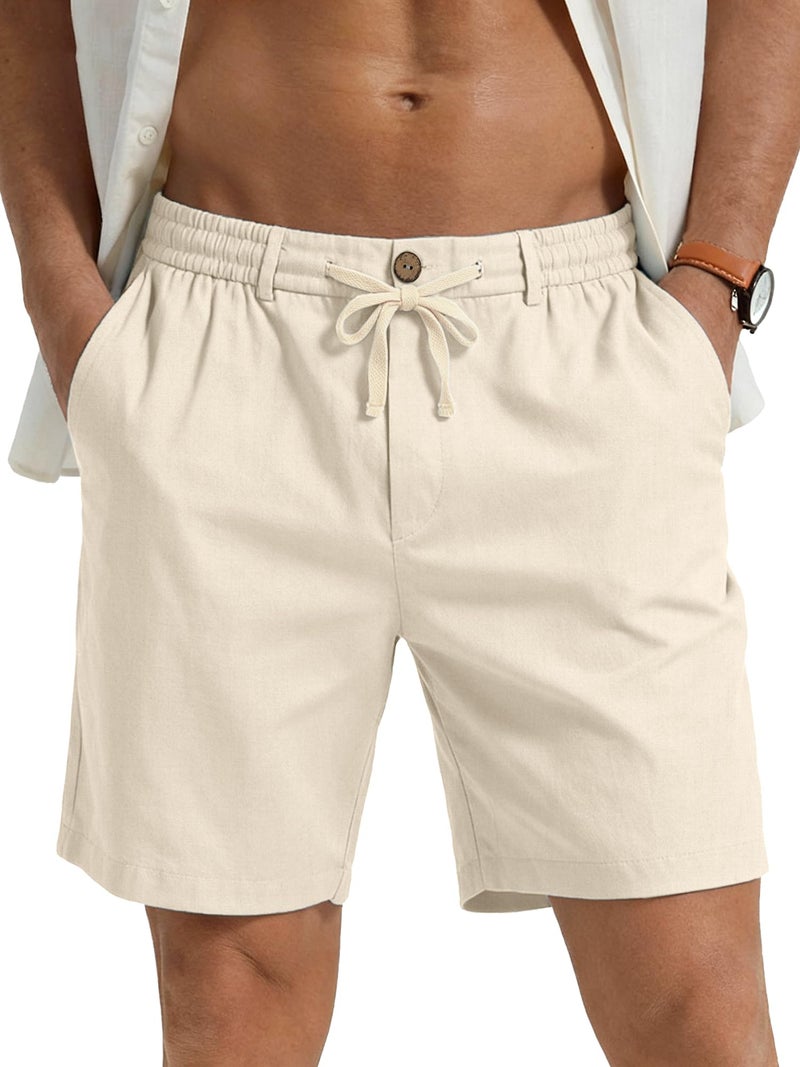 PLEPAN Mens Casual Linen Shorts - 7 inch Summer Beach Elastic Waist Drawstring Short Beige Medium - Image 1