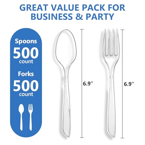 SACATR 1000 Count Plastic Silverware Heavy Duty -500 Forks, 500 Spoons，BPA-Free,Heat Resistant Disposable Plastic Spoons Bulk, Solid Durable Premium Cutlery for Parties, Events and Everyday Use - Image 2