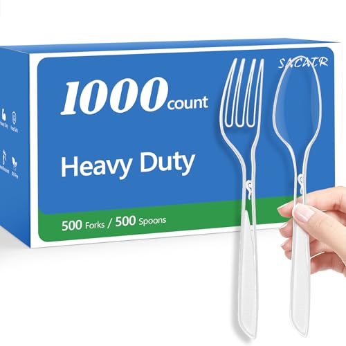 SACATR 1000 Count Plastic Silverware Heavy Duty -500 Forks, 500 Spoons，BPA-Free,Heat Resistant Disposable Plastic Spoons Bulk, Solid Durable Premium Cutlery for Parties, Events and Everyday Use - Image 1