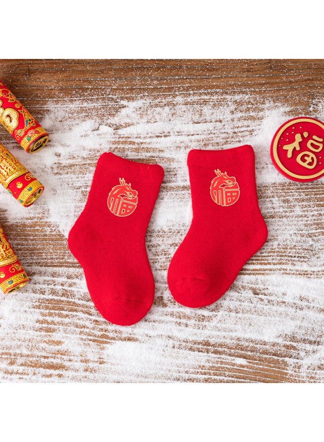 Newborn Baby Socks Autumn And Winter Fleece-lined Thick Red Terry New Year Socks Baby Warm Christmas Floor Socks