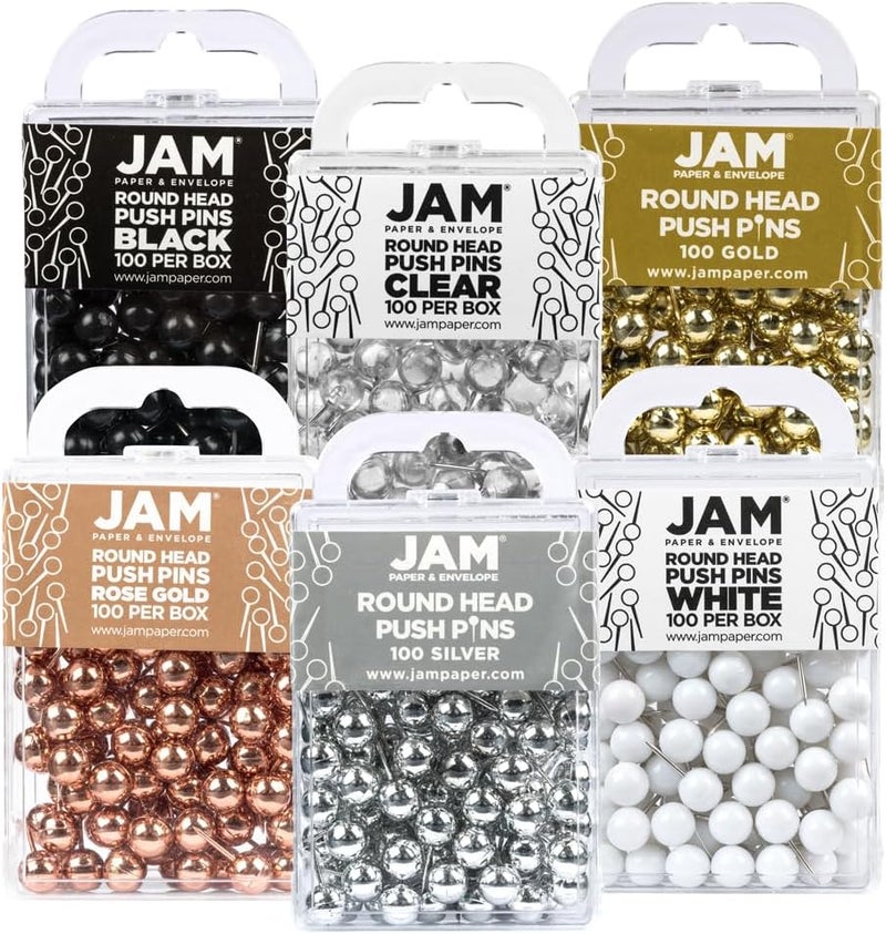 JAM Paper Colorful Push Pins - Round Head Map Thumb Tacks - Assorted Business Colors - 600/Pack - Image 1