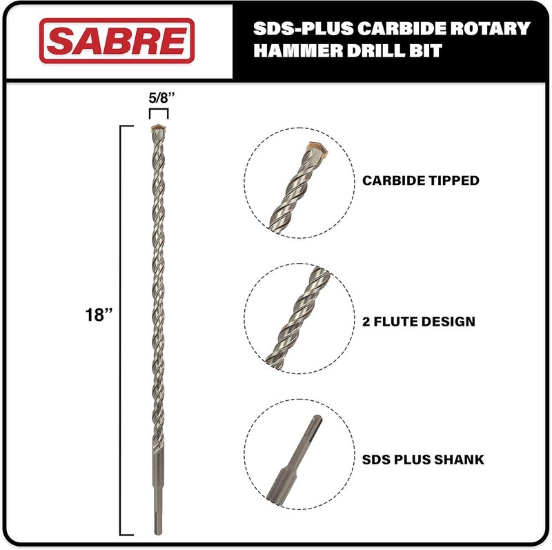 Sabre Tools 5/8 Inch x 18 Inch SDS Plus Rotary Hammer Drill Bit, Carbide Tipped for Brick, Stone, and Concrete (5/8" x 16" x 18") - Image 1