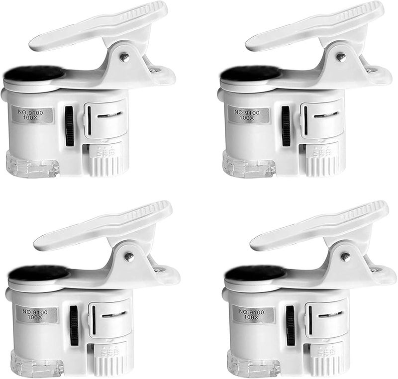 4 Pcs 100X Zoom Clip On Microscope With LED Light Portable Pocket Magnifier Black - Image 1