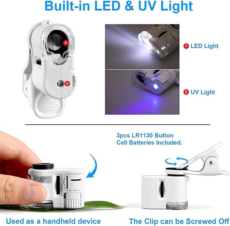 4 Pcs 100X Zoom Clip On Microscope With LED Light Portable Pocket Magnifier Black - Image 3