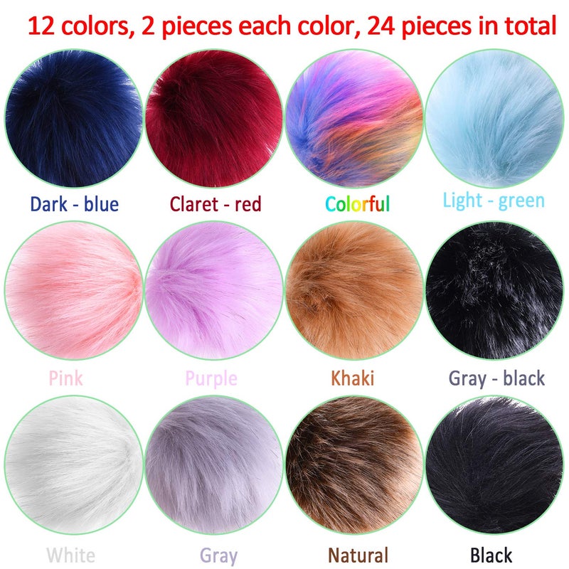 SIQUK 24 Pieces Faux Fox Fur Pom Pom Balls DIY Faux Fox Fur Fluffy Pom Pom with Elastic Loop for Hats Keychains Scarves Gloves Bags Accessories(12 Bright Colors, 2 Pcs Each Color) - Image 2