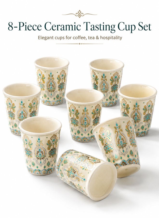 WINEENEE 8-Piece Ceramic Arabic Coffee Cup Set, 45ml Small Qahwa Finjan Cups for Saudi Coffee, Espresso, Turkish Coffee & Red Tea, Decorative Handleless Cups for Majlis, Guests & Home Hospitality - Image 1