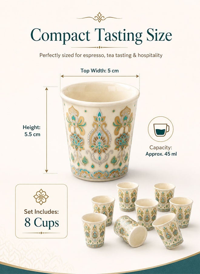 WINEENEE 8-Piece Ceramic Arabic Coffee Cup Set, 45ml Small Qahwa Finjan Cups for Saudi Coffee, Espresso, Turkish Coffee & Red Tea, Decorative Handleless Cups for Majlis, Guests & Home Hospitality - Image 2