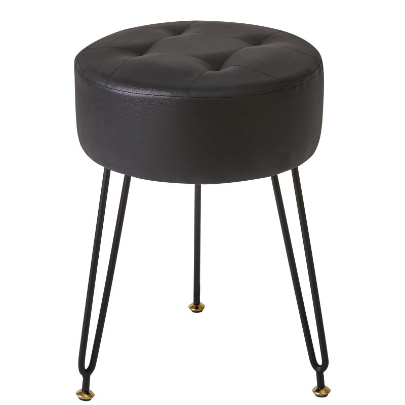 IBUYKE Faux Leather Round Footrest Stool Makeup Vanity Stool Side Table PU Dressing Table Seat Pouf Couch Stool Golden Steel Legs Black LG31B
