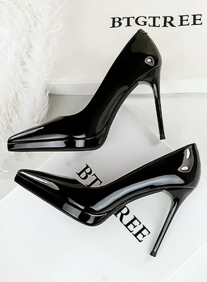 BIGTREE Women's Elegant Closed Pointed Toe Party Stiletto Pumps Patent Leather High Heels 10.5CM Black - Image 3