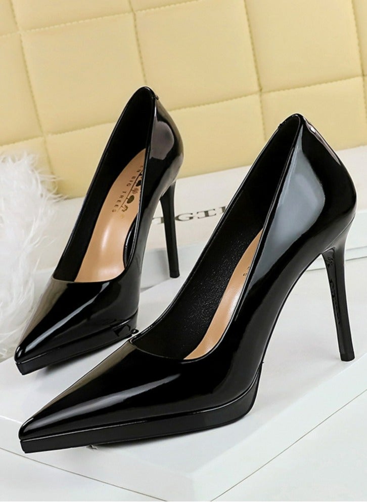 BIGTREE Women's Elegant Closed Pointed Toe Party Stiletto Pumps Patent Leather High Heels 10.5CM Black - Image 1