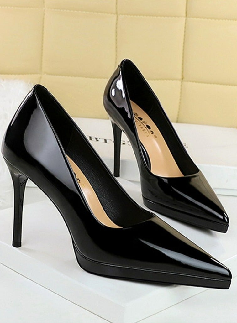 BIGTREE Women's Elegant Closed Pointed Toe Party Stiletto Pumps Patent Leather High Heels 10.5CM Black - Image 2