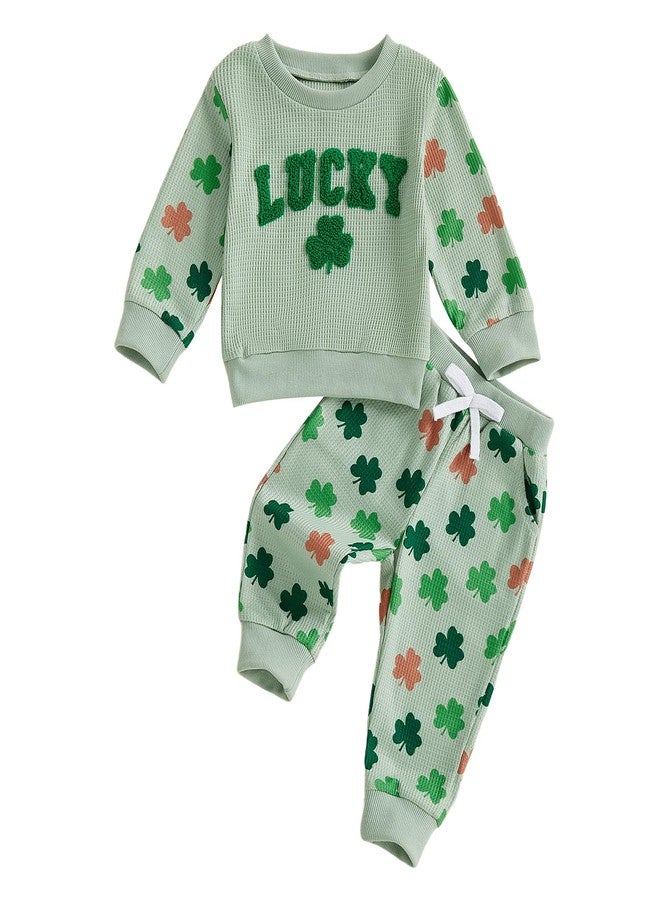 Socutebabe Toddler Baby Boy St Patricks Day Outfit Shamrock Embroider Long Sleeve Sweatshirt Shirt Pants Cute Spring Clothes (lucky-Green, 2-3T) - Image 1