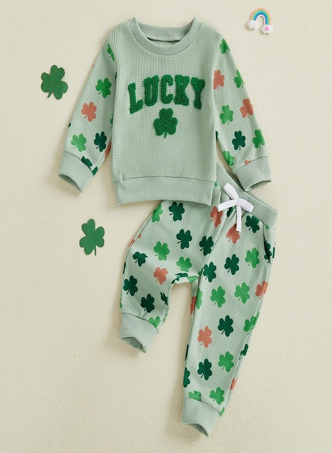 Socutebabe Toddler Baby Boy St Patricks Day Outfit Shamrock Embroider Long Sleeve Sweatshirt Shirt Pants Cute Spring Clothes (lucky-Green, 2-3T) - Image 3