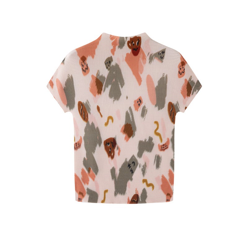 Women's Pleated Print T-Shirt High Elastic Slim Fit - Image 2