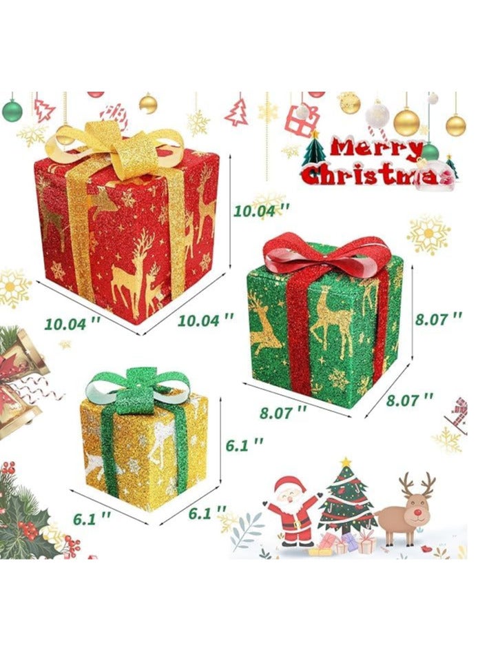 AUTOYSUR 3 قطع صناديق هدايا عيد الميلاد المتداخلة مع غطاء صناديق متراصة صناديق عيد الميلاد للهدايا صناديق تغليف مضاءة لعيد الميلاد ورأس السنة لتغليف الهدايا زينة المنزل - Image 4