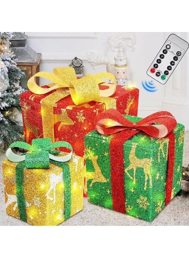 AUTOYSUR 3 قطع صناديق هدايا عيد الميلاد المتداخلة مع غطاء صناديق متراصة صناديق عيد الميلاد للهدايا صناديق تغليف مضاءة لعيد الميلاد ورأس السنة لتغليف الهدايا زينة المنزل - Image 1