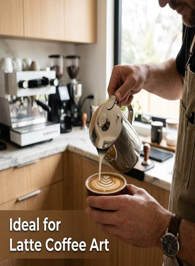 QWORK 600 mL 304 Stainless Steel Coffee Cup, Milk Frothing Pitcher with Lid, Latte Art Steaming Jug with Precision Pour Spout and Ergonomic Handle for Espresso Cappuccino Coffee - Image 2
