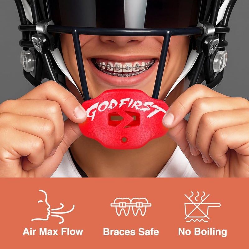 SLEEFS Football Mouth Guard - Youth Mouthguard with Helmet Strap - Lip/Teeth Protector Mouthpiece - No Boil - for Youth/Adults, Maximum Air Flow, for All Sports (God First Red) - Image 2