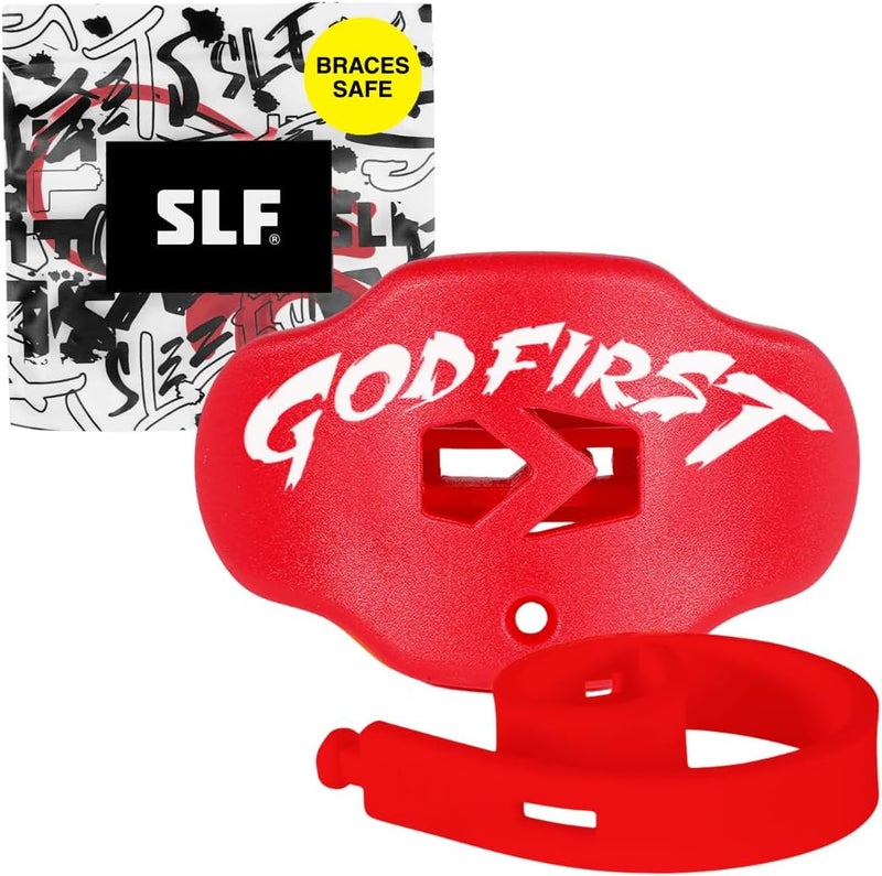 SLEEFS Football Mouth Guard - Youth Mouthguard with Helmet Strap - Lip/Teeth Protector Mouthpiece - No Boil - for Youth/Adults, Maximum Air Flow, for All Sports (God First Red) - Image 1