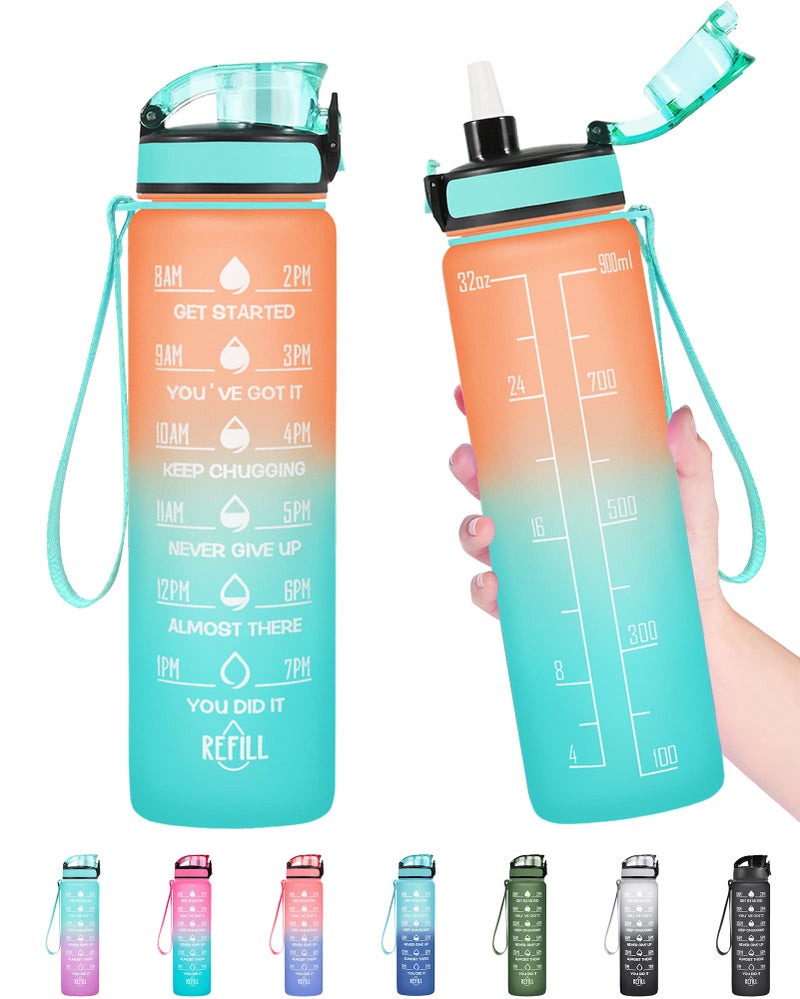 Enerbone 32 oz Water Bottle Leakproof BPA Toxic Free Motivational Water Bottle with Times to Drink and Straw Fitness Sports Water Bottle with Strap for Office Gym Outdoor Sports OrangeGreen - Image 2