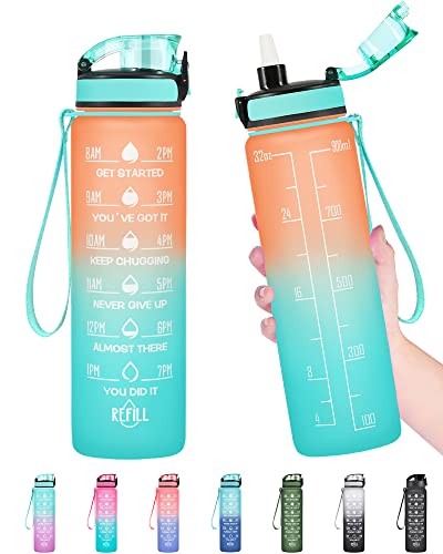 Enerbone 32 oz Water Bottle Leakproof BPA Toxic Free Motivational Water Bottle with Times to Drink and Straw Fitness Sports Water Bottle with Strap for Office Gym Outdoor Sports OrangeGreen - Image 1