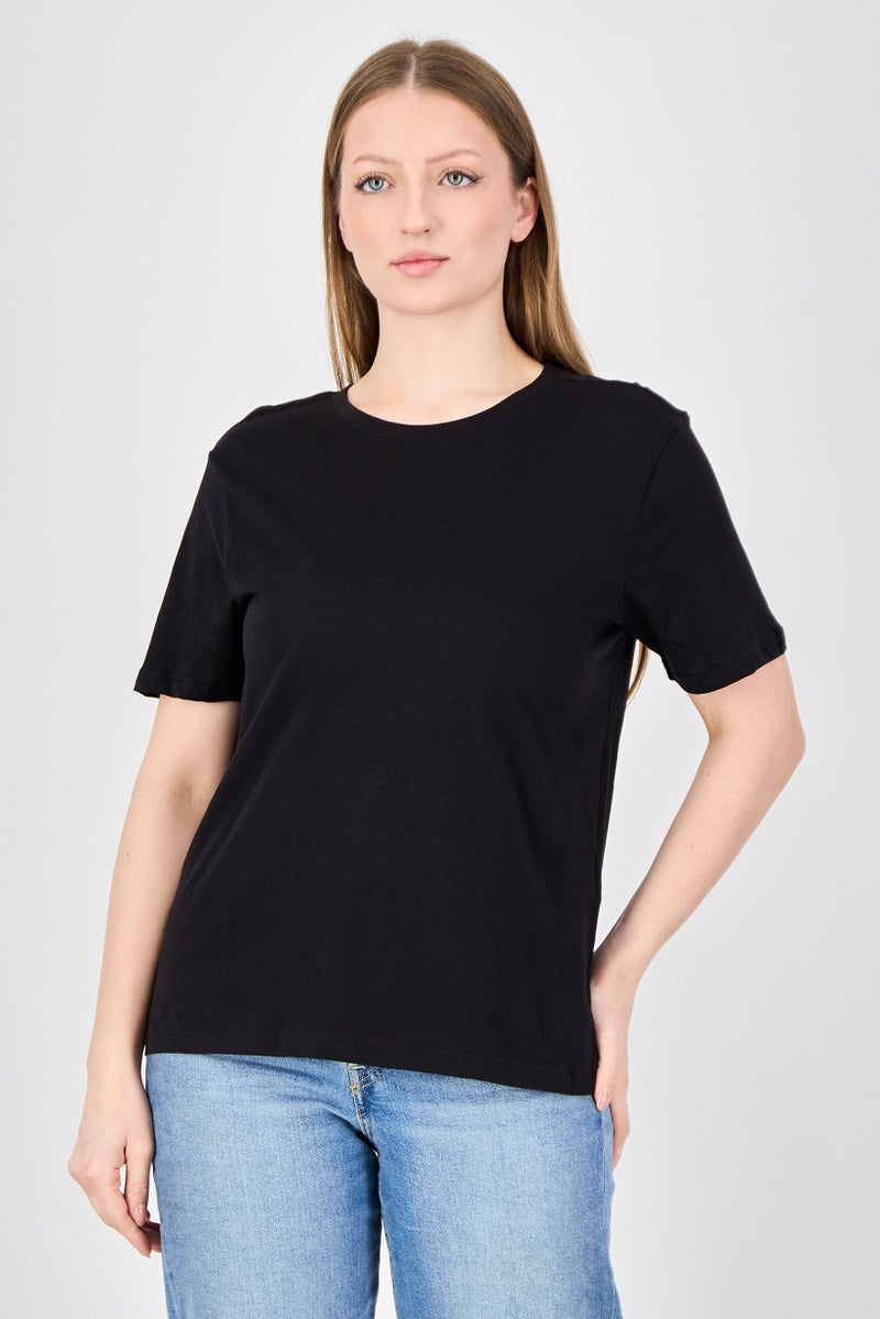 ONLY Women Crew Neck Plain Short Sleeve Top, Black - Image 1