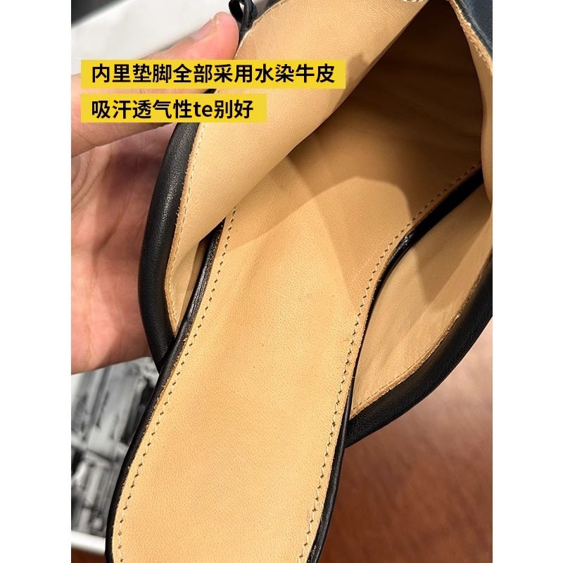 Square-Toe Lace-Up Mules, Low-Heeled Pleated Old Craftsmanship, Genuine Leather Toe-Cap Half Slippers, Women'S Outer Wear, Lazy Shoes, Sandals - Image 5