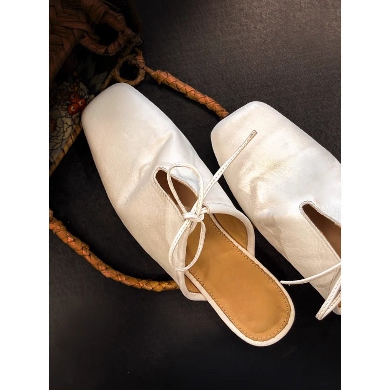 Square-Toe Lace-Up Mules, Low-Heeled Pleated Old Craftsmanship, Genuine Leather Toe-Cap Half Slippers, Women'S Outer Wear, Lazy Shoes, Sandals - Image 2