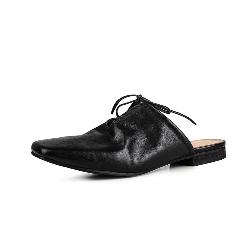 Square-Toe Lace-Up Mules, Low-Heeled Pleated Old Craftsmanship, Genuine Leather Toe-Cap Half Slippers, Women'S Outer Wear, Lazy Shoes, Sandals - Image 1