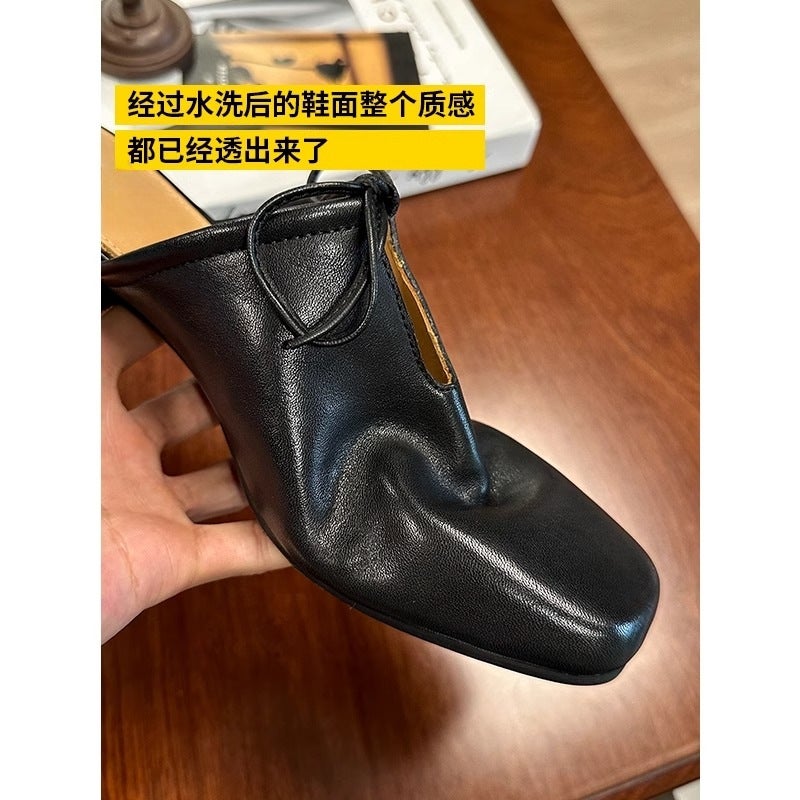 Square-Toe Lace-Up Mules, Low-Heeled Pleated Old Craftsmanship, Genuine Leather Toe-Cap Half Slippers, Women'S Outer Wear, Lazy Shoes, Sandals - Image 4