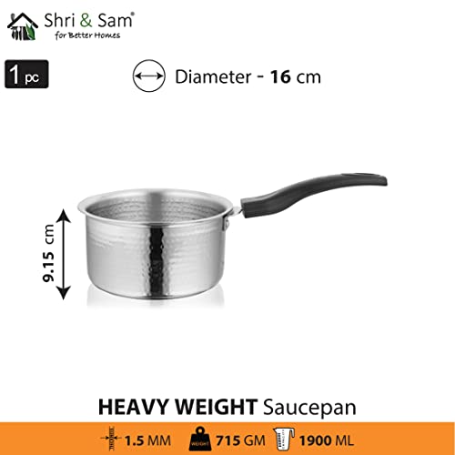 Shri & Sam Stainless Steel Heavy Weight Hammered Sauce Pan, 1.5 mm, 16 cm - Image 2