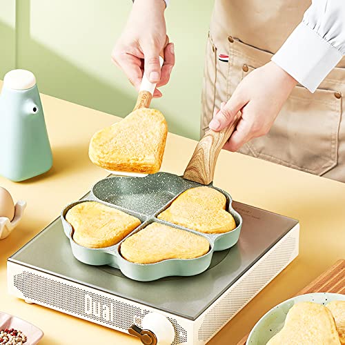 DAFEIKE Heart Pancake Pan Heart Shape Egg Pan Nonstick 4 Leaf Clover Egg Frying Pan Non Stick Aluminum Heart Egg Skillet, Green - Image 4