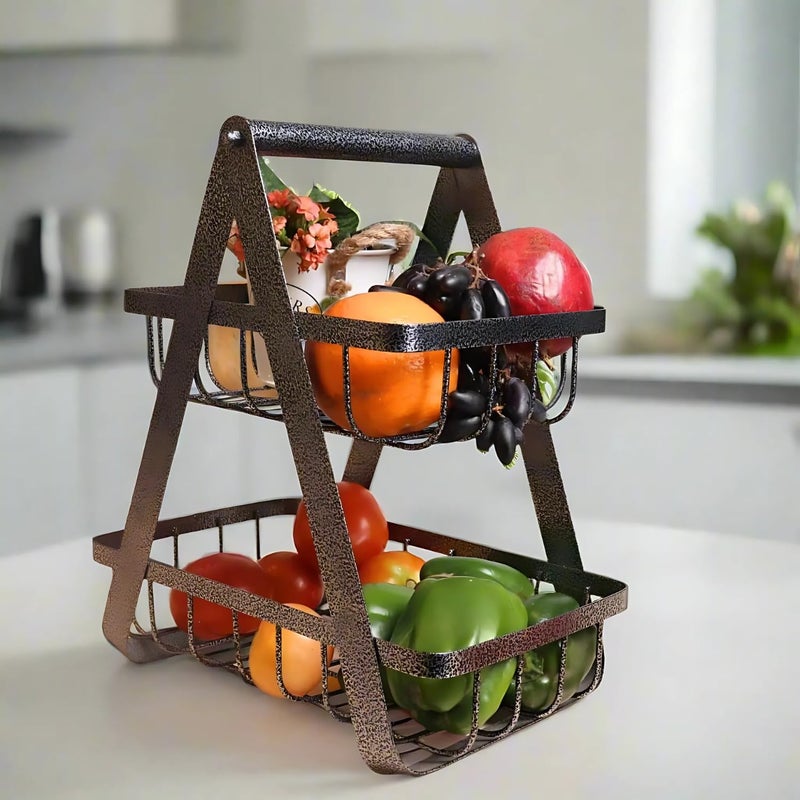 loosebucketTable Top Fruit Basket for Dining Table Kitchen Storage 2Tier High Grade Metal Fruit Vegetable Rack Counter Top Organizer for Kitchen Black Antique Silver - Image 1