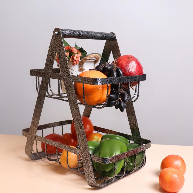 loosebucketTable Top Fruit Basket for Dining Table Kitchen Storage 2Tier High Grade Metal Fruit Vegetable Rack Counter Top Organizer for Kitchen Black Antique Silver - Image 2